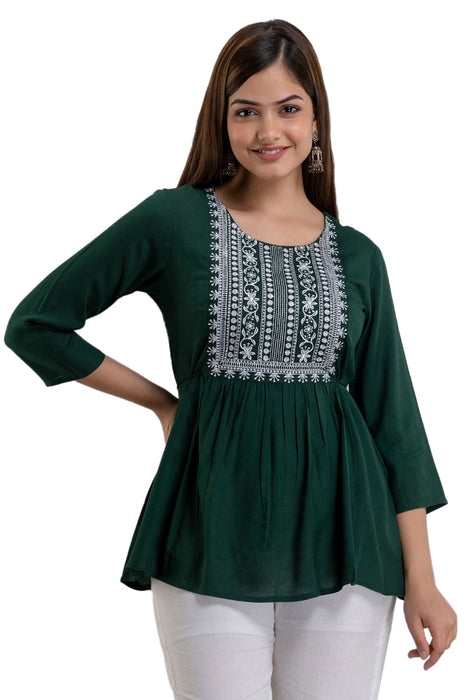 Women's Rayon embroidered Hip Length Formal Tops KRT035GREEN