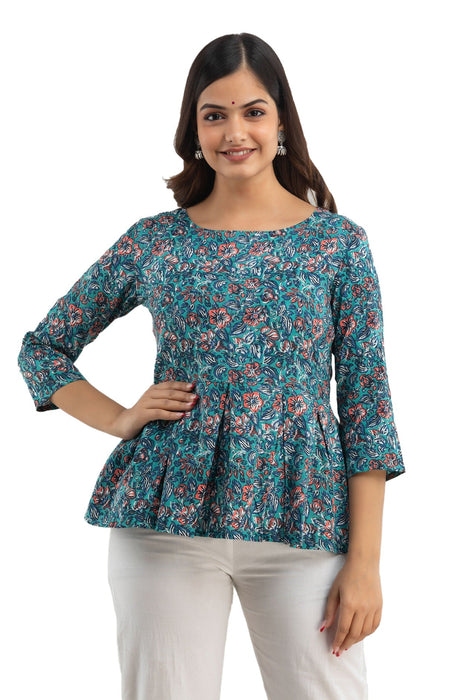 Women's Rayon Printed Hip Length Formal Tops KRT020BLUE