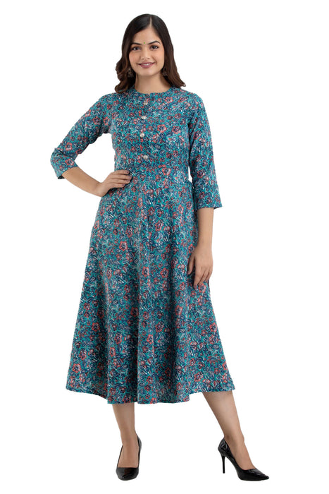 Women's 100% Viscose Rayon Printed Ankle Length Flared Traditional Kurta WT0106BLUE