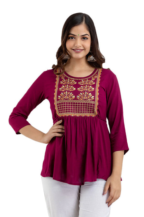 Women's Rayon embroidered Hip Length Formal Tops KRT021WINE