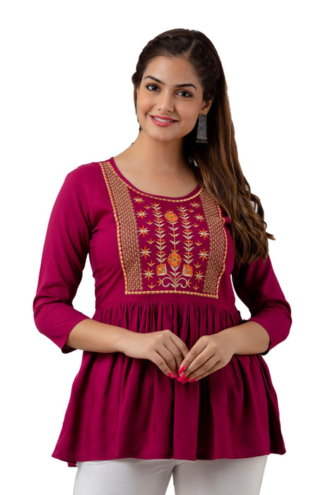 Women's Rayon embroidered Hip Length Formal Tops KRT036WINE