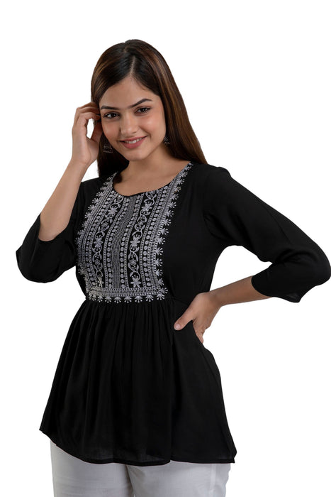 Women's Rayon embroidered Hip Length Formal Tops KRT035BLACK