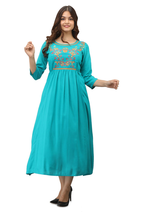 Women's Solid Dyed Rayon Designer Embroidered A-Line Kurta - KR3006TURQUOISE