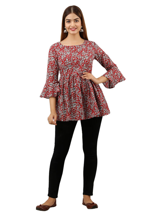 Women's Pure Cotton Printed Hip Length Formal Tops KR001RED