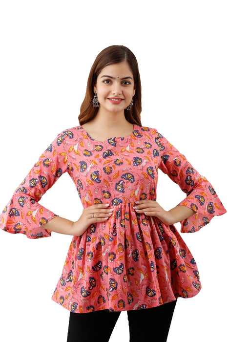 Women's Pure Cotton Printed Hip Length Formal Tops KRT004PINK