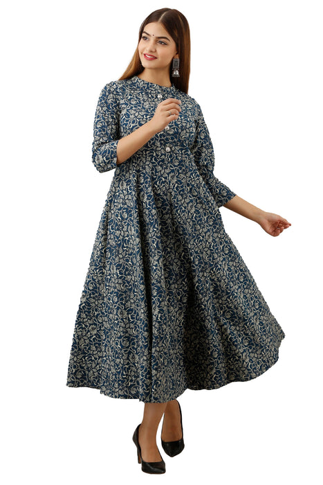 Women's Pure Cotton Printed Ankle Length Flared Traditional Kurta KR041BLUE