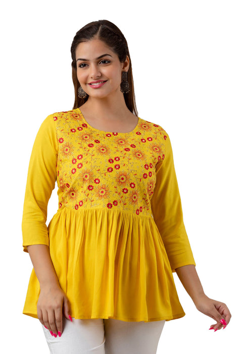 Women's Rayon embroidered Hip Length Formal Tops KRT037MUSTARD