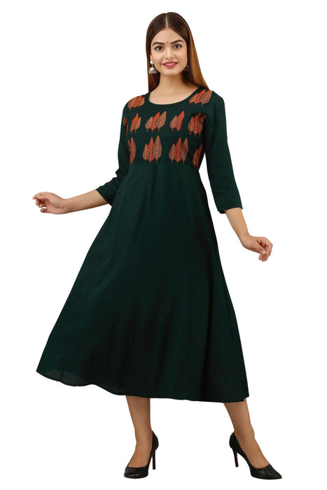 Women's Solid Dyed Rayon Designer Embroidered A-Line Kurta - KR007GREEN