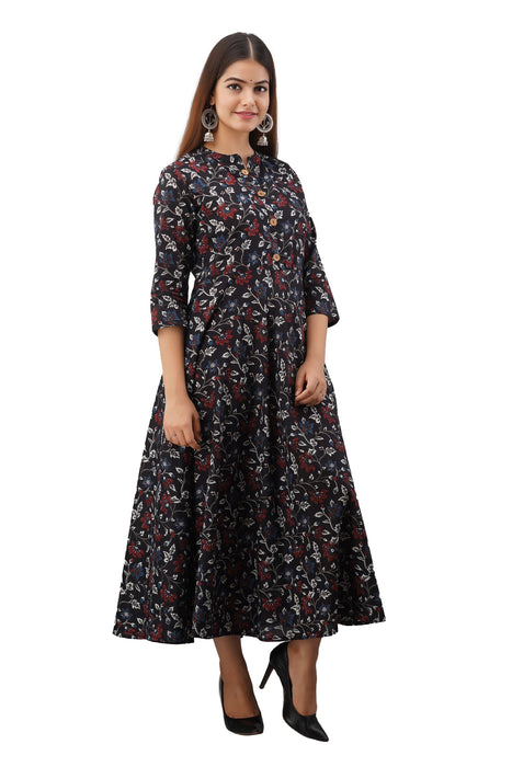 Women's Pure Cotton Printed Ankle Length Flared Traditional Kurta KR019BLACK