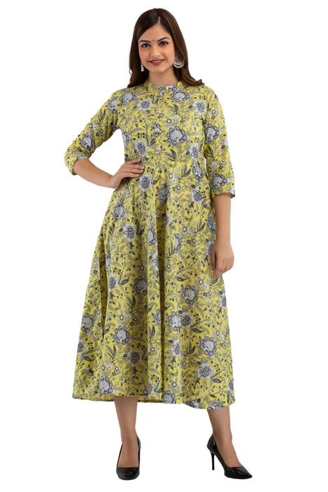 Women's Pure Cotton Printed Ankle Length Flared Traditional Kurta KR0108YELLOW