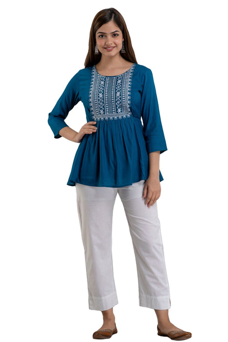 Women's Rayon embroidered Hip Length Formal Tops KRT035BLUE