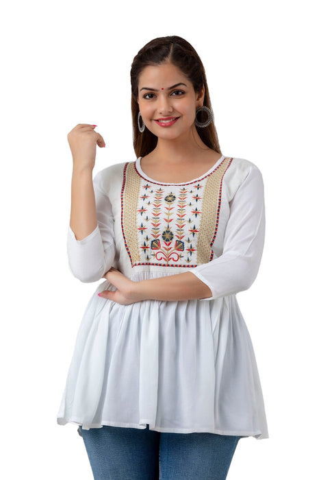 Women's Rayon embroidered Hip Length Formal Tops KRT036WHITE