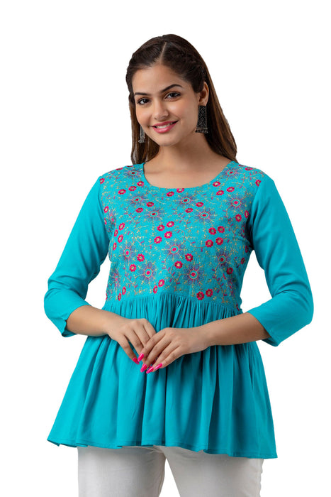 Women's Rayon embroidered Hip Length Formal Tops KRT037TURQUOISE