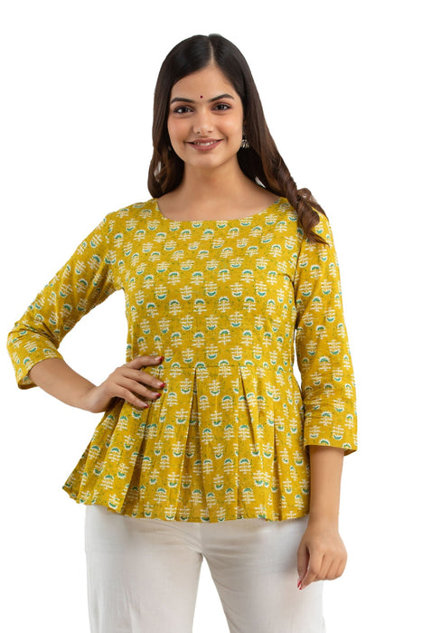 Women's Pure Cotton Printed Hip Length Formal Tops KRT026YELLOW