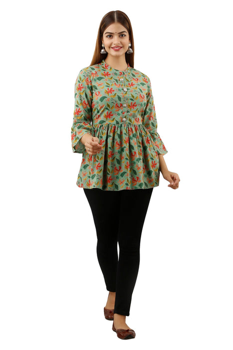 Women's Pure Cotton Printed Hip Length Formal Tops KRT002GREEN