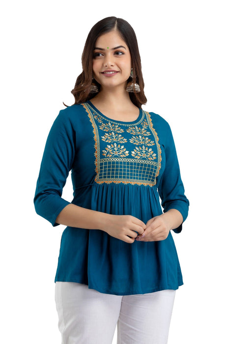 Women's Rayon embroidered Hip Length Formal Tops KRT021BLUE