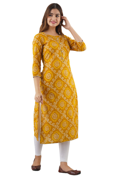 Women's 100% Pure Cotton Printed Calf Length Straight Kurta KR051YELLOW