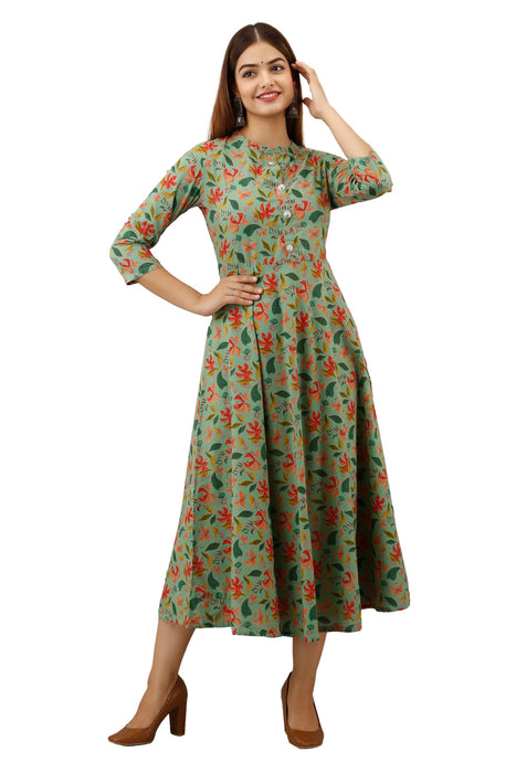 Women's Pure Cotton Printed Ankle Length Flared Traditional Kurta KR042GREEN