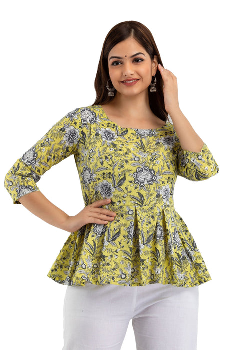 Women's Pure Cotton Printed Hip Length Formal Tops KRT030YELLOW