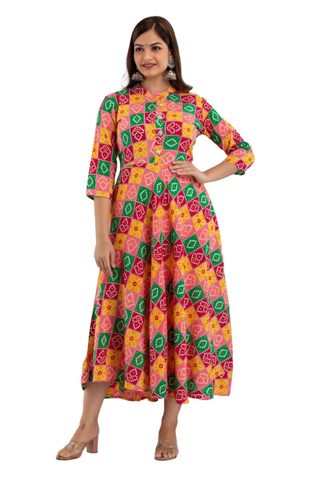 Women's 100% Viscose Rayon Printed Ankle Length Flared Traditional Kurta WT0110MULTICOLOUR