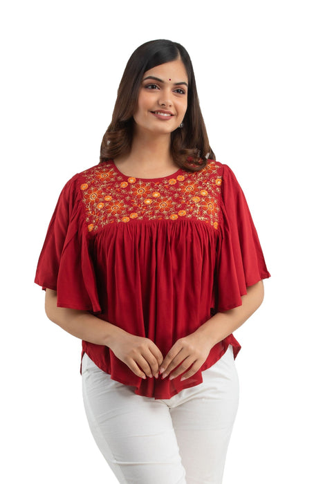 Women's Rayon embroidered Hip Length Formal Tops KRT019MAROON