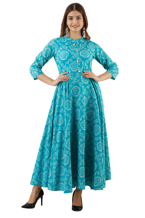 Women's Pure Cotton Printed Ankle Length Flared Traditional Kurta KR077SKYBLUE