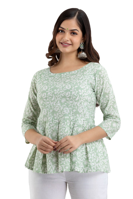 Women's Pure  Cotton Printed Hip Length Formal Tops KRT028OLIVEGREEN