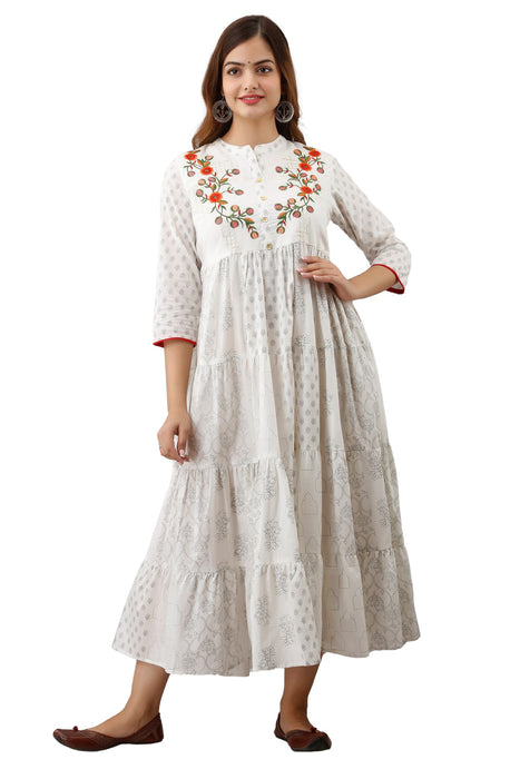 Women's Pure Cotton Printed Ankle Length Full Flared Traditional Kurta KR001WHITE