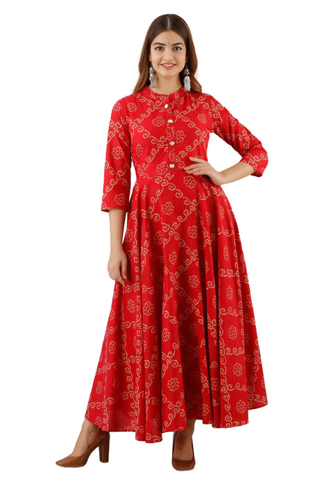 Women's Pure Cotton Printed Ankle Length Flared Traditional Kurta KR077RED