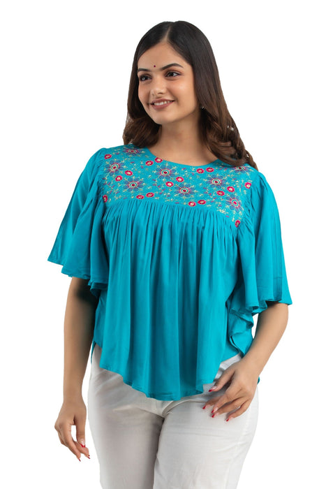 Women's Rayon embroidered Hip Length Formal Tops KRT019TURQUOISE