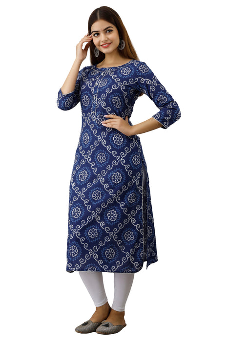 Women's 100% Pure Cotton Printed Calf Length Straight Kurta KR051BLUE