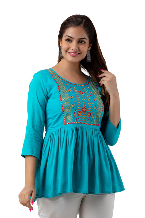 Women's Rayon embroidered Hip Length Formal Tops KRT036TURQUOISE