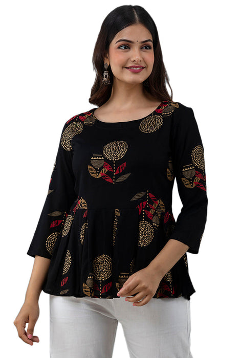 Women's Rayon Printed Hip Length Formal Tops KRT016BLACK