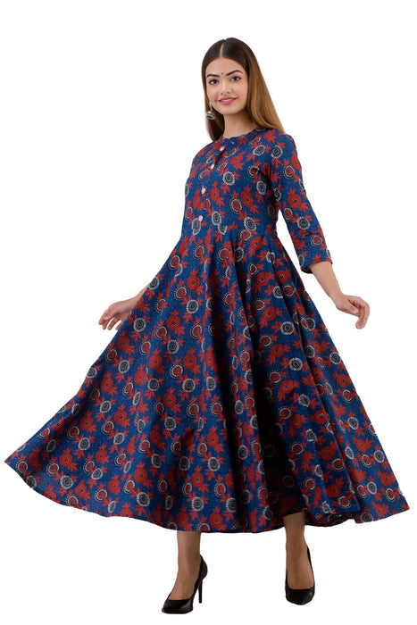 Women's Pure Cotton Printed Ankle Length Flared Traditional Kurta KR066BLUE