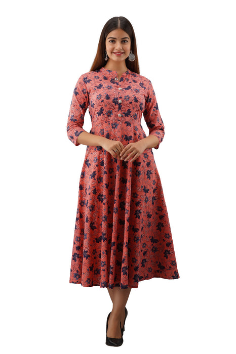 Women's Pure Cotton Printed Ankle Length Flared Traditional Kurta KR019PINK