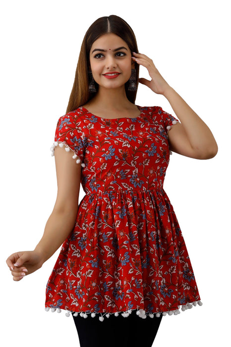 Women's Pure Cotton Printed Hip Length Formal Tops KRT010RED