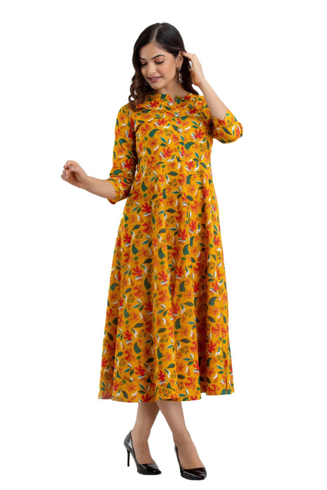 Women's Pure Cotton Printed Ankle Length Flared Traditional Kurta KR042MUSTARD