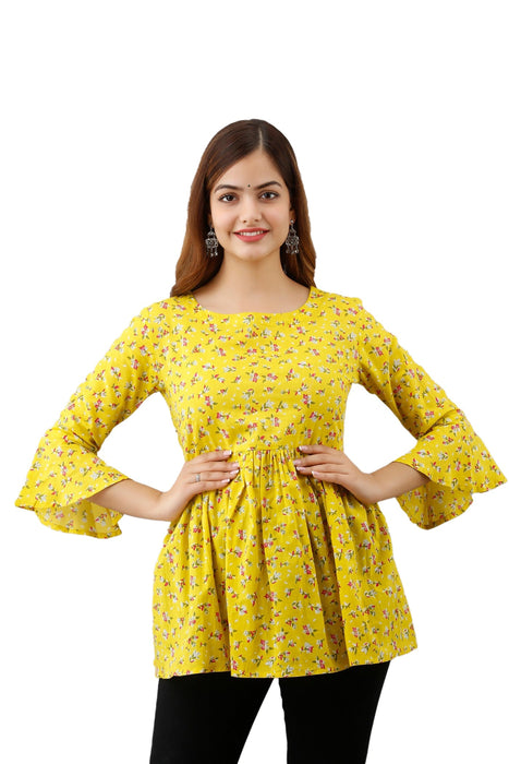 Women's Pure Cotton Printed Hip Length Formal Tops KRT003YELLOW