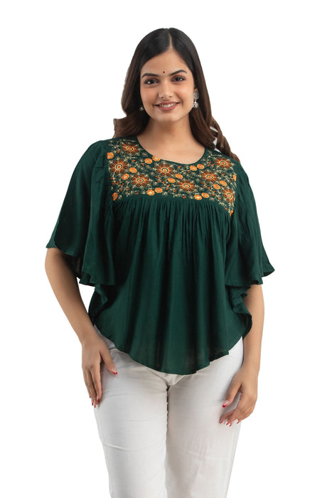 Women's Rayon embroidered Hip Length Formal Tops KRT019GREEN