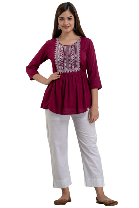 Women's Rayon embroidered Hip Length Formal Tops KRT035WINE