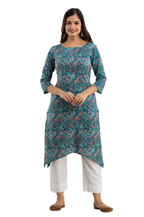 Women's Rayon Printed Calf Length Straight Kurta KR0108BLUE