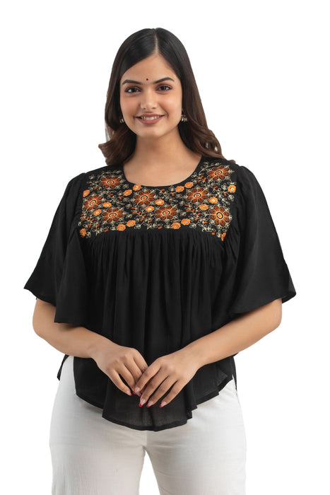 Women's Rayon embroidered Hip Length Formal Tops KRT019BLACK