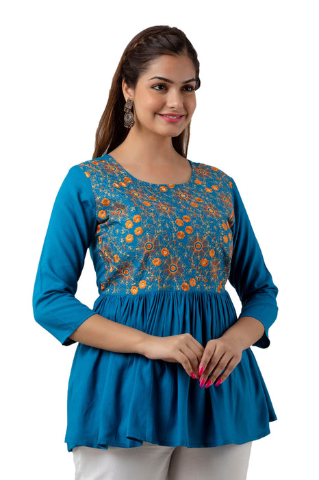 Women's Rayon embroidered Hip Length Formal Tops KRT037BLUE