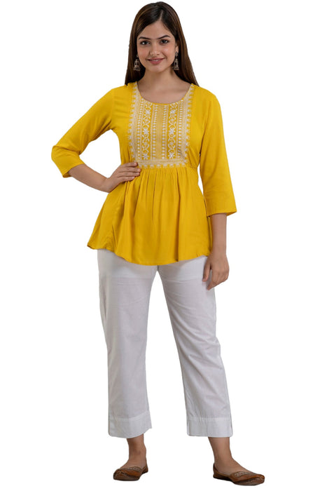 Women's Rayon embroidered Hip Length Formal Tops KRT035YELLOW