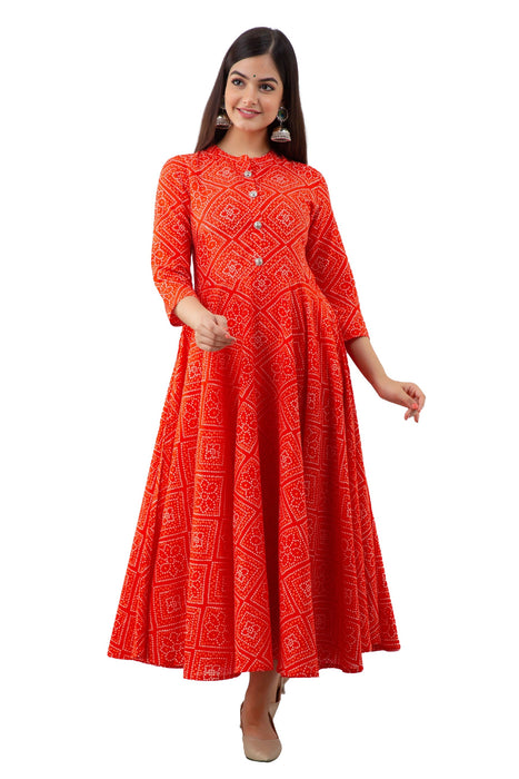 Women's Pure Cotton Printed Ankle Length Flared Traditional Kurta KR079ORANGE