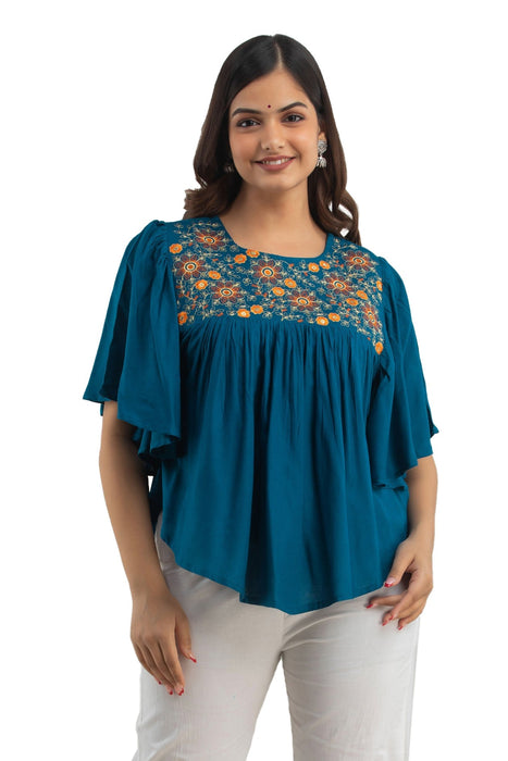 Women's Rayon embroidered Hip Length Formal Tops KRT019BLUE