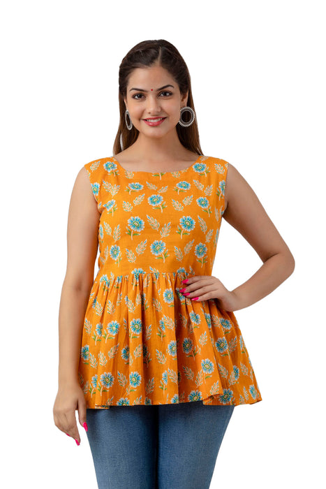 Women's Pure Cotton Printed Hip Length Formal Tops KRT046ORANGE