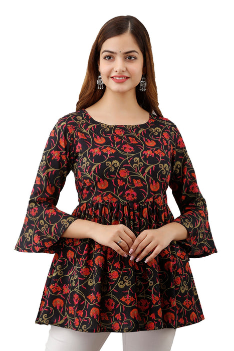 Women's Pure Cotton Printed Hip Length Formal Tops KRT005BLACK