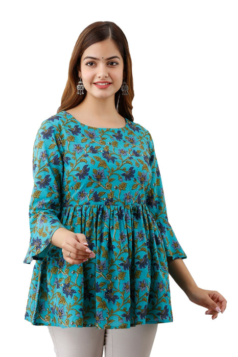 Women's Pure Cotton Printed Hip Length Formal Tops KRT007TURQUOISE