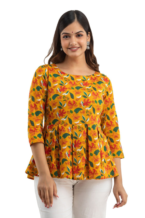 Women's Pure Cotton Printed Hip Length Formal Tops KRT023YELLOW